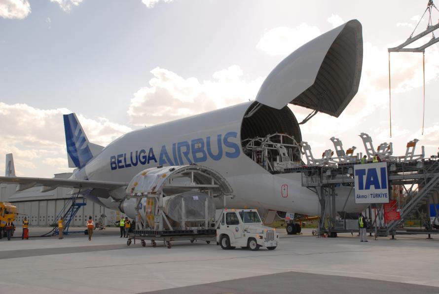 Ein Airbus Beluga wird beladen.